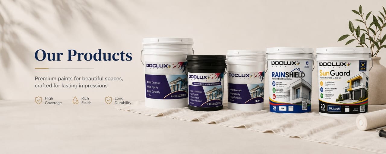 Doclux Paints product range — Matte Eggshell, Screeding Paint, Silk, RainShield and SunGuard buckets